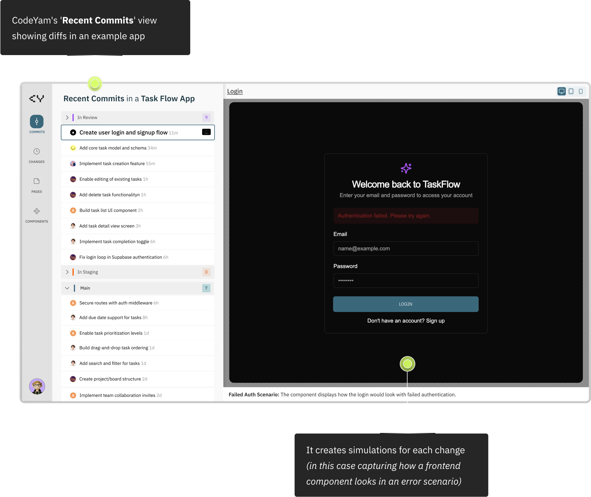 CodeYam shows exactly how your app behaves across real UI states and components with data simulating edge cases and scenarios